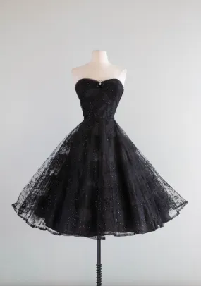 1950's Black Widow Black Strapless Party Dress With Glitter Galaxies / Small