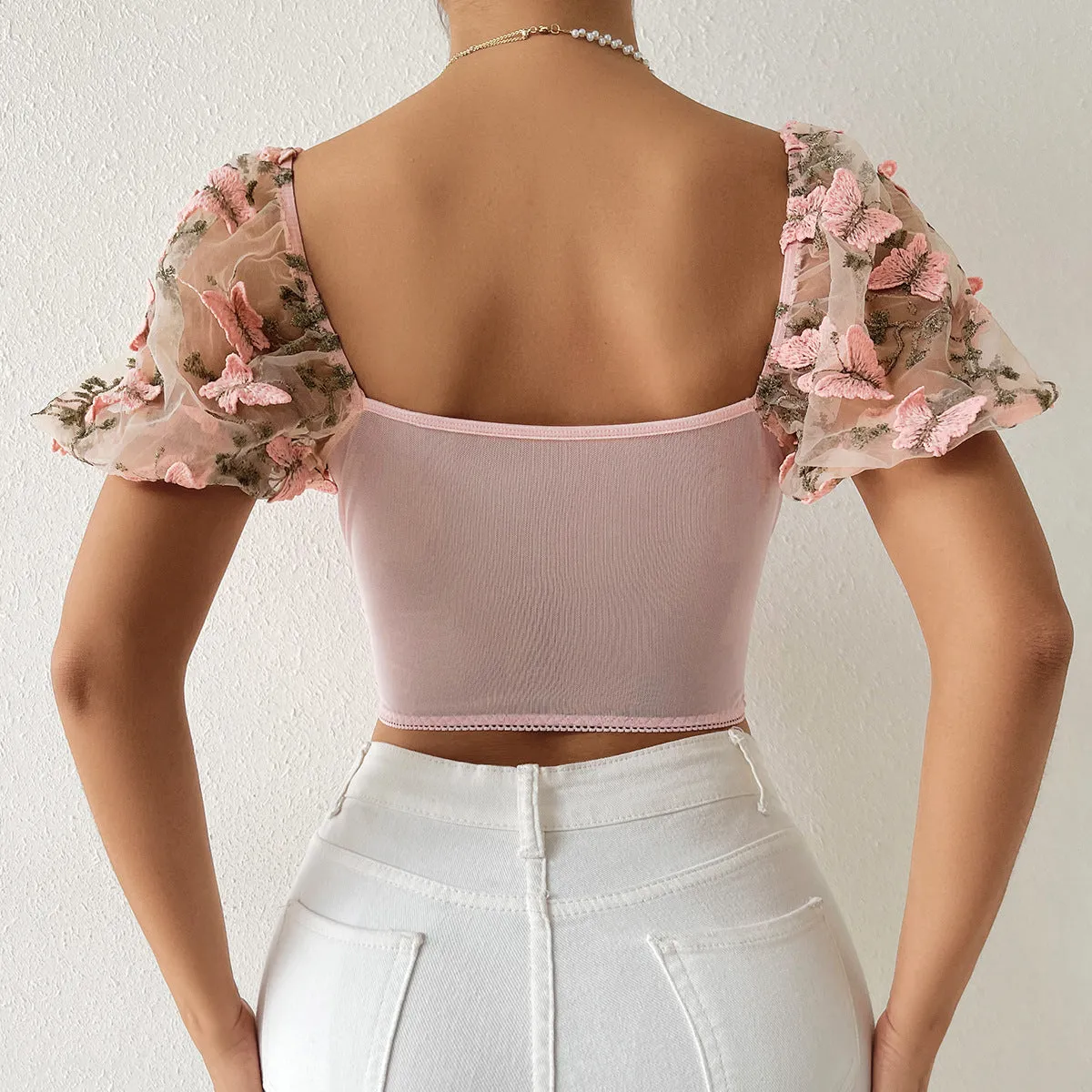 3D Butterfly Embroidery Crop Top