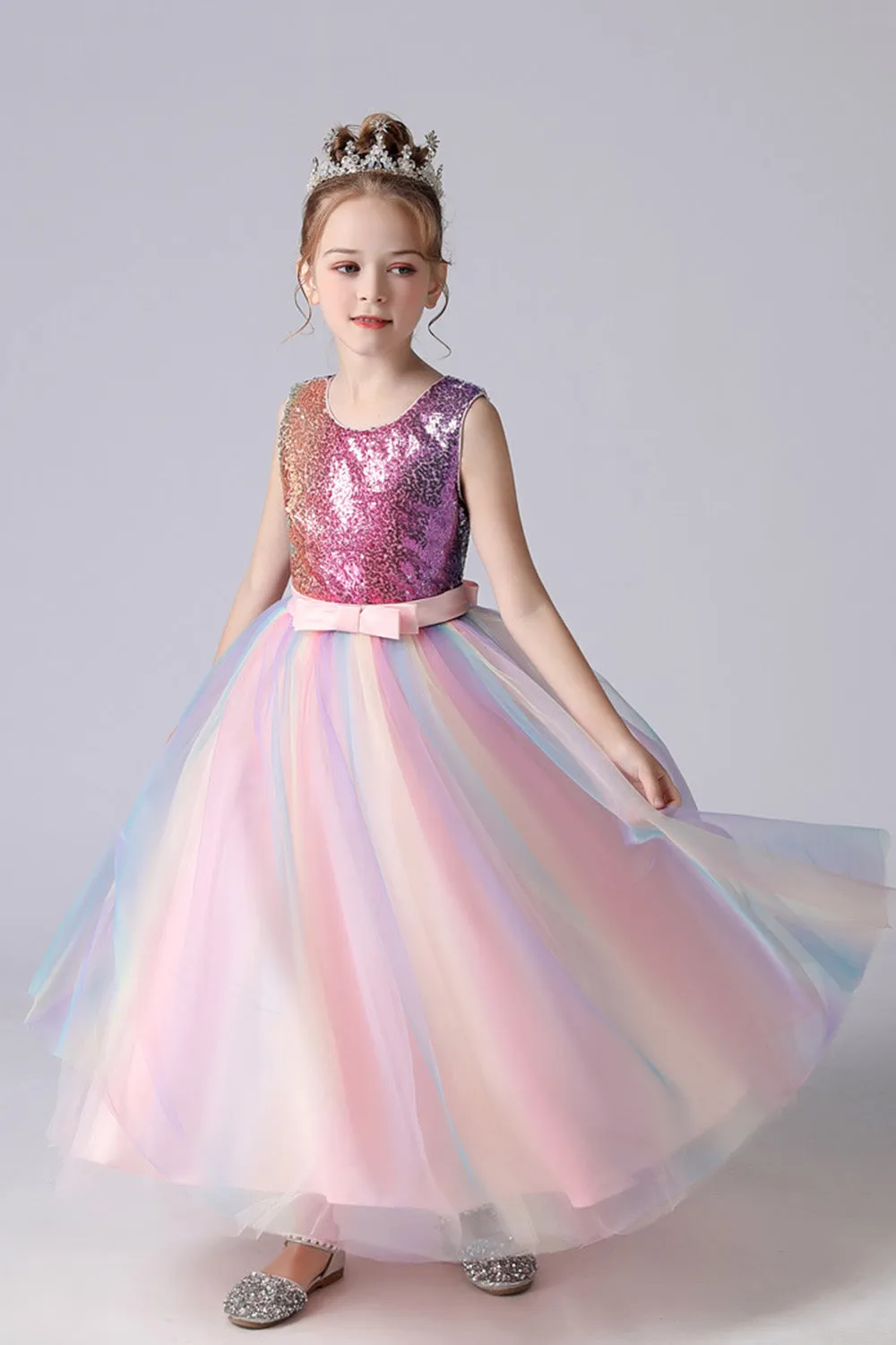 A-Line Sparkly Pink Sequins Kids Girls' Dress with Bows