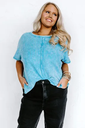 Along The Path Mineral Wash Knit Top In Sky Blue Curves