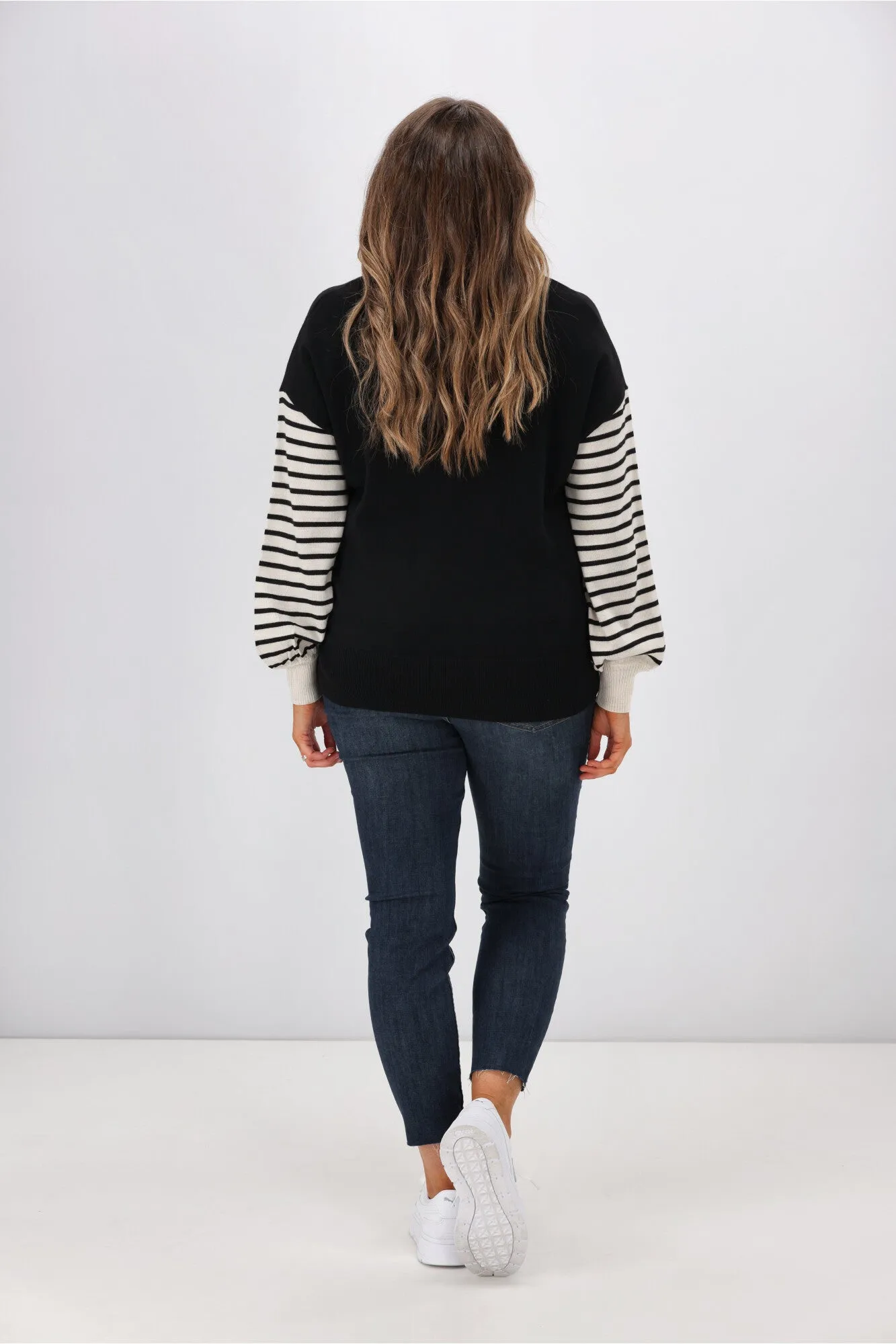 Alpine by Shine On Mathias Merino Striped Sleeve Top Black Oatmeal