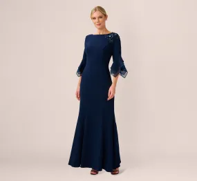 Beaded Crepe Long Fit-And-Flare Gown In Midnight