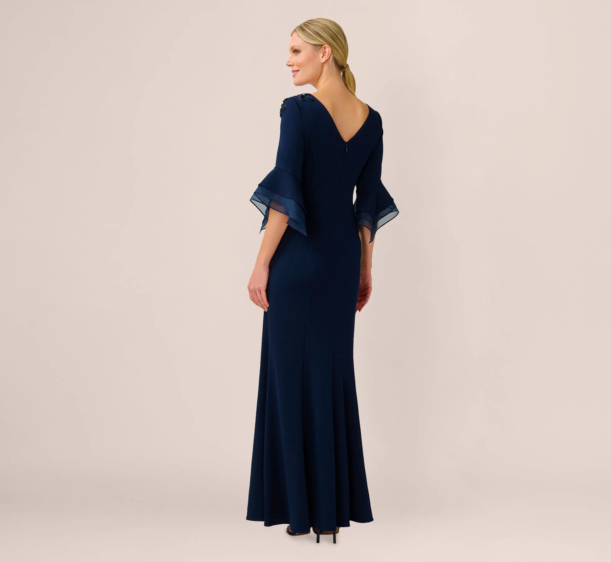 Beaded Crepe Long Fit-And-Flare Gown In Midnight