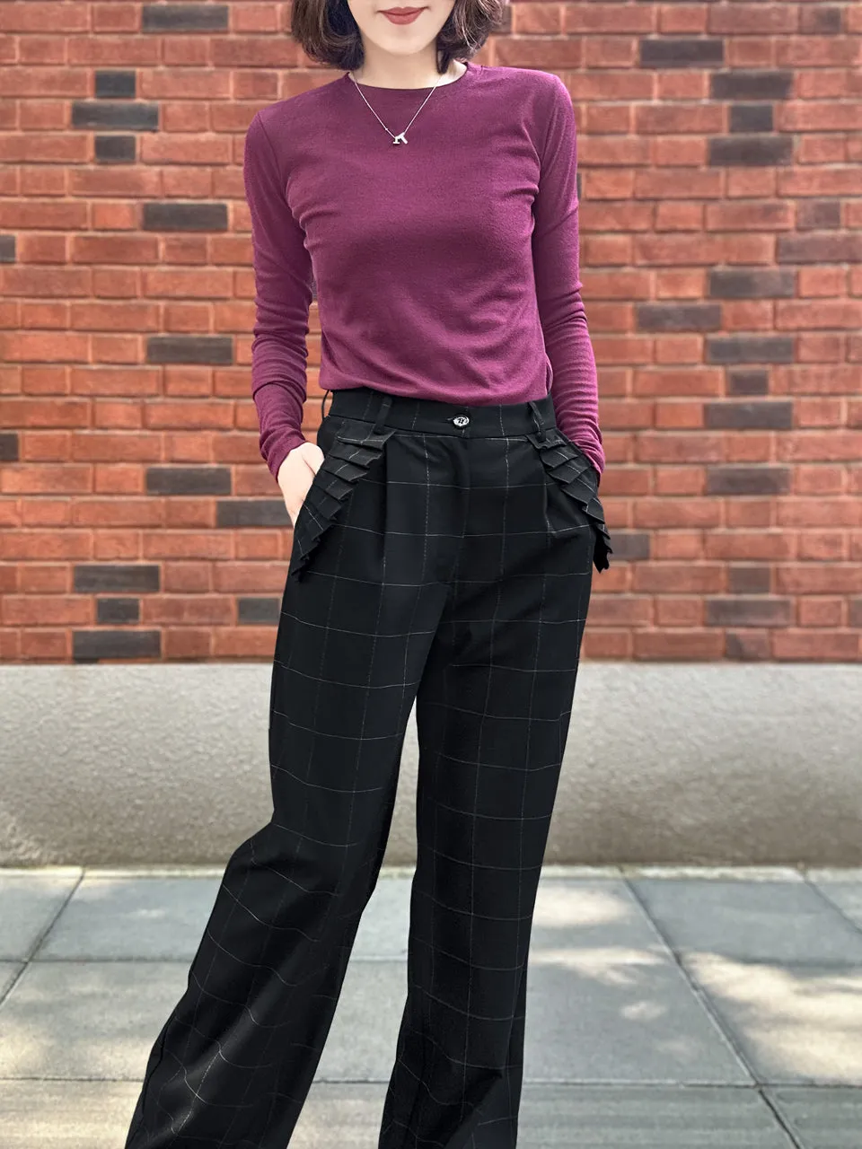 Black Checks Pleated Ruffle Pocket Wide Leg Trousers