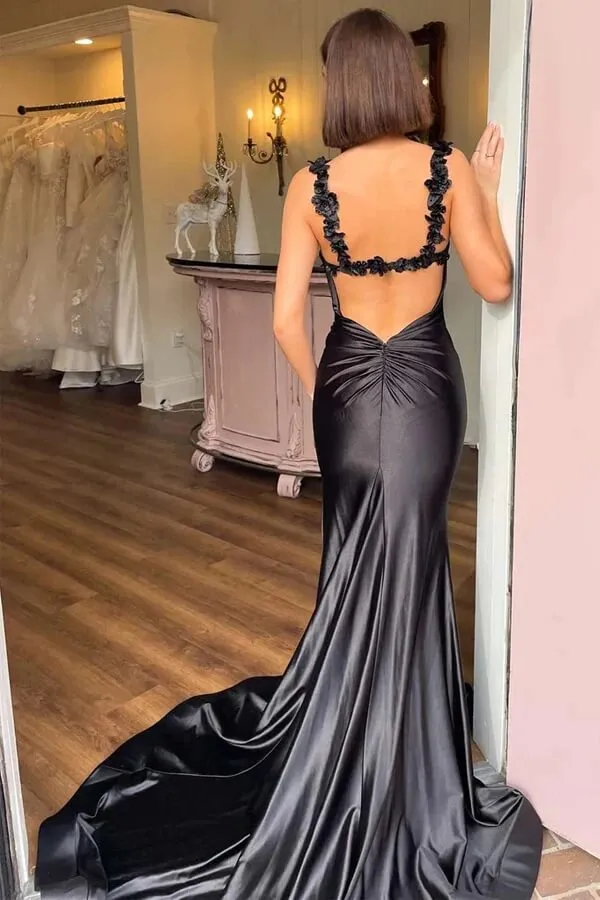 Black Satin Mermaid Spaghetti Straps Long Prom Dresses With Slit, SLP016