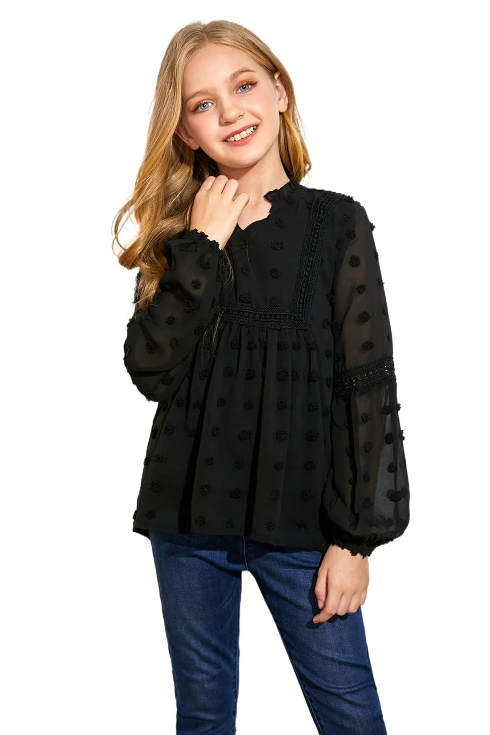 Black Split Neck Swiss Dot Little Girls' Blouse