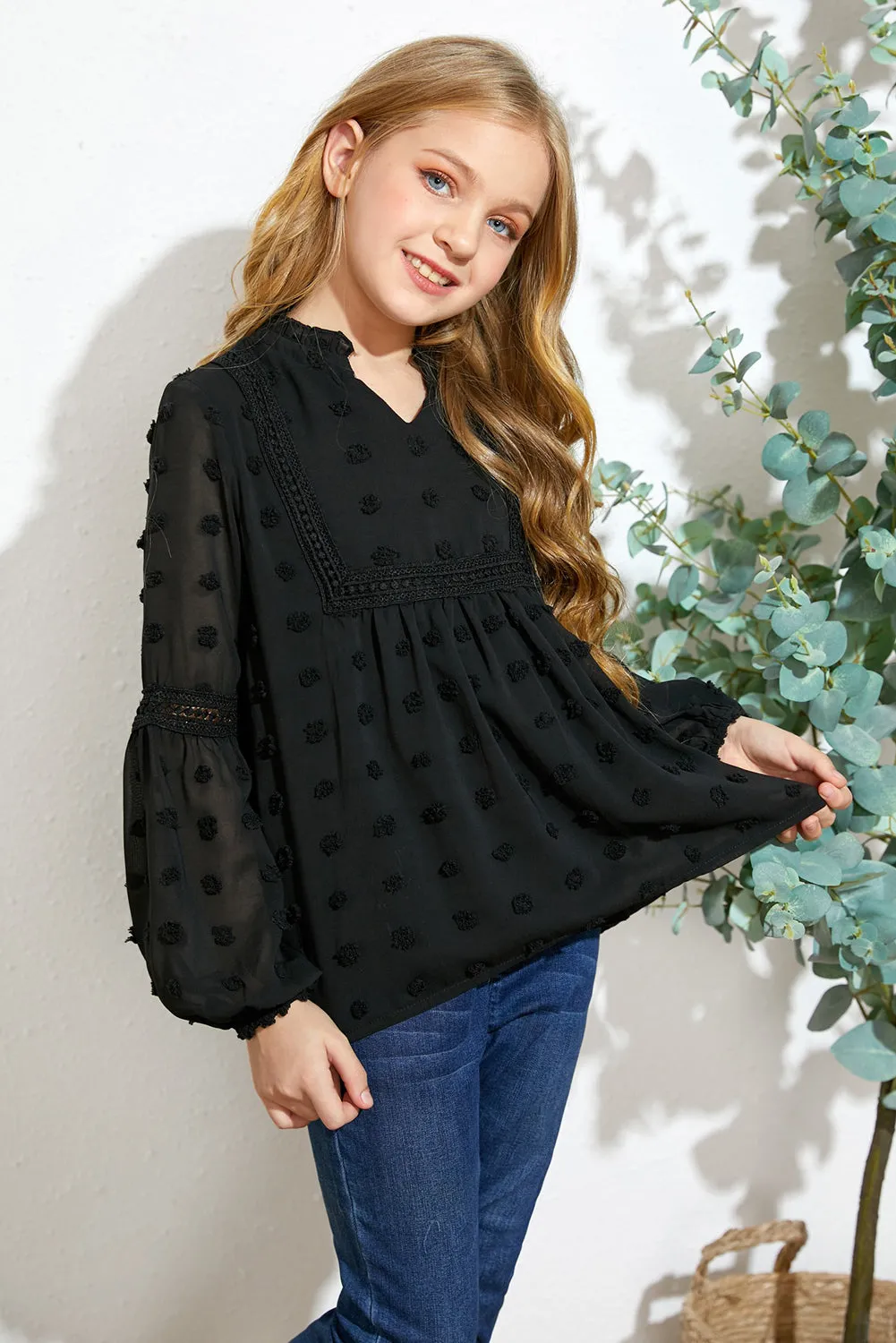 Black Split Neck Swiss Dot Little Girls' Blouse