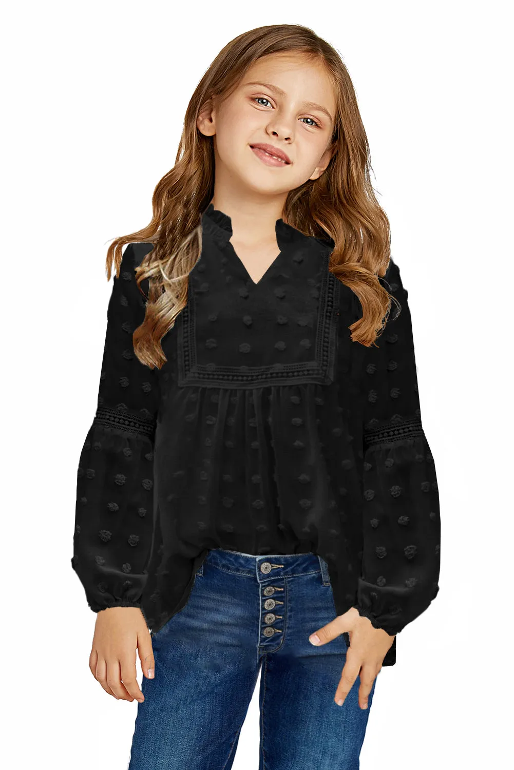 Black Split Neck Swiss Dot Little Girls' Blouse