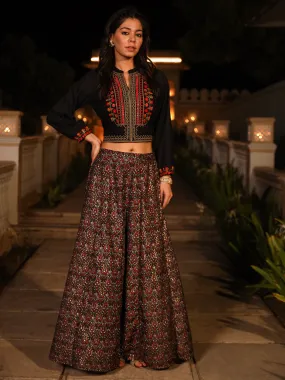 Black Thread Embroidered Rayon Top & Printed Skirt Set With Beads & Mirror Work