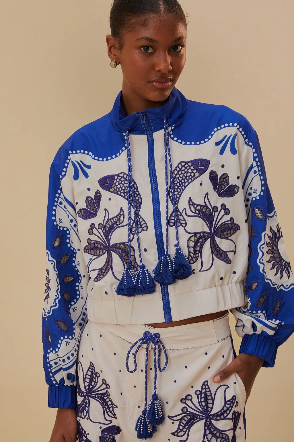 Blue Artisanal Embroidered Windbreaker