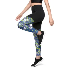 Blue Floral on Lime Sports Leggings made with Lycra and Spandex for women