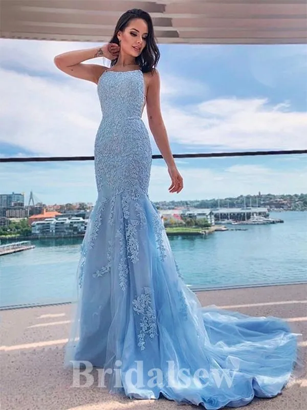 Blue Lace Mermaid Formal Party Long Straps Elegant Evening Prom Dresses PD1059