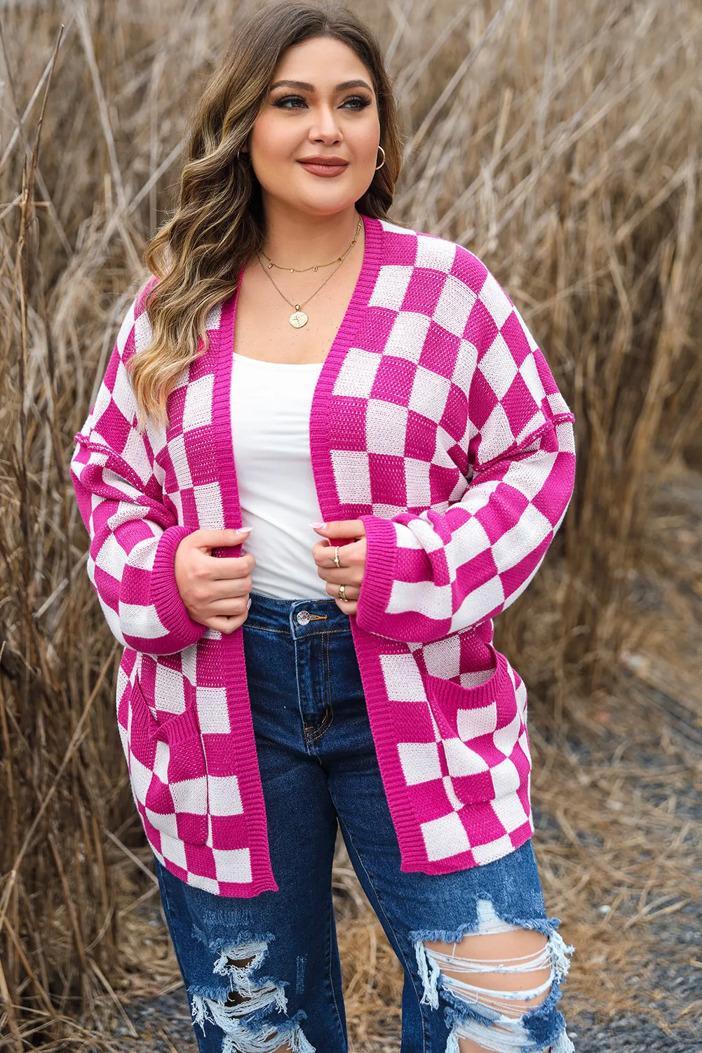 Bonbon Checkered Pattern Open Front Plus Size Cardigan