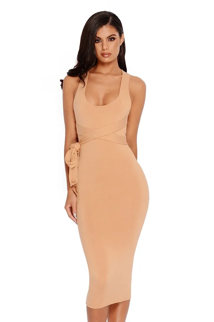 Bow All Out Tie Belt Double Layered Midi Dress in Tan