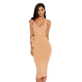 Bow All Out Tie Belt Double Layered Midi Dress in Tan