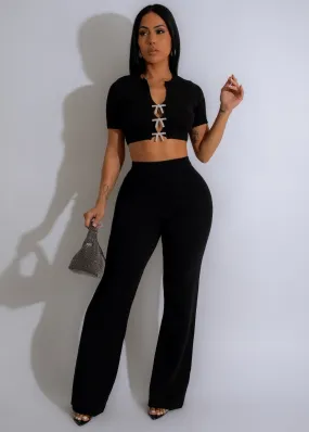 Bow Elegance Knit  Pant Set Black