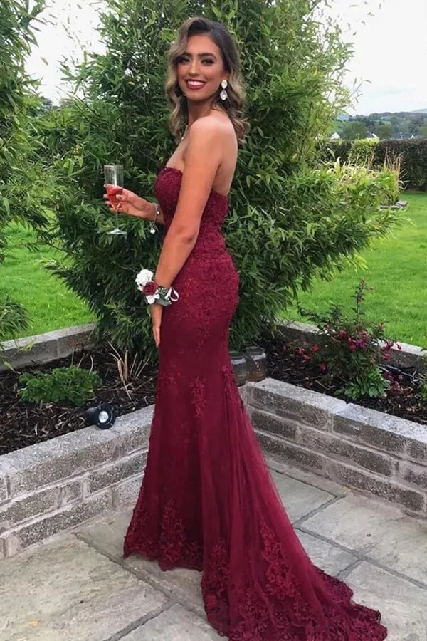 Burgundy Lace Sweetheart Neck Strapless Prom Dresses, Long Formal Dress, SP966