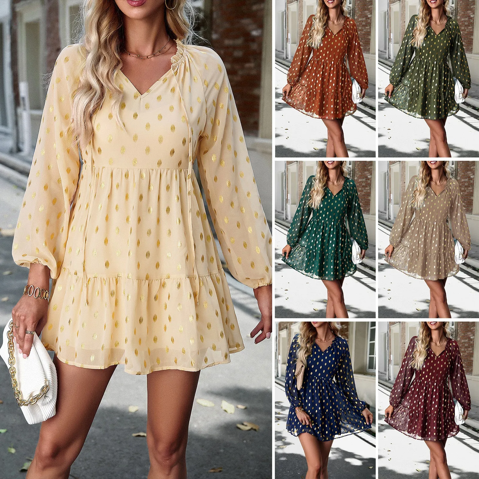 Casual Chiffon V-Neck Long Sleeve Polka Dot Dress Wholesale Dresses