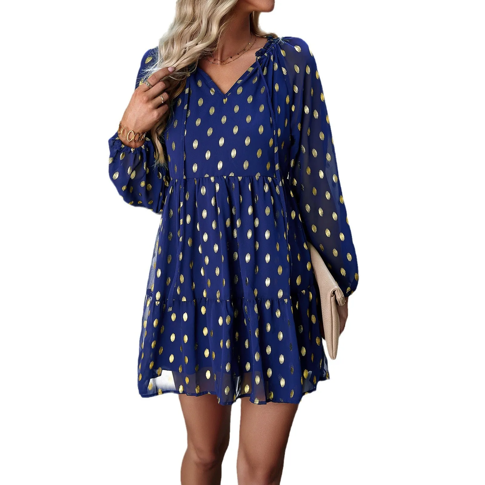 Casual Chiffon V-Neck Long Sleeve Polka Dot Dress Wholesale Dresses