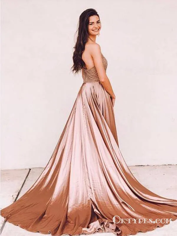 Charming Beaded Long Rose Gold Long Mermaid Prom Dresses, TYP1724