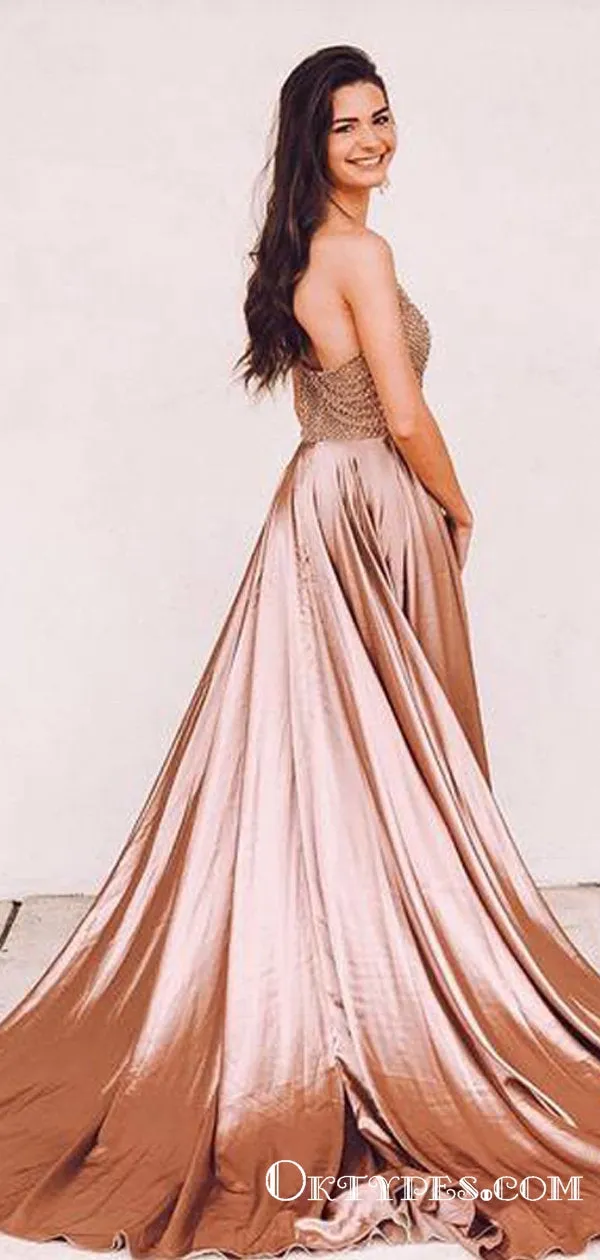 Charming Beaded Long Rose Gold Long Mermaid Prom Dresses, TYP1724