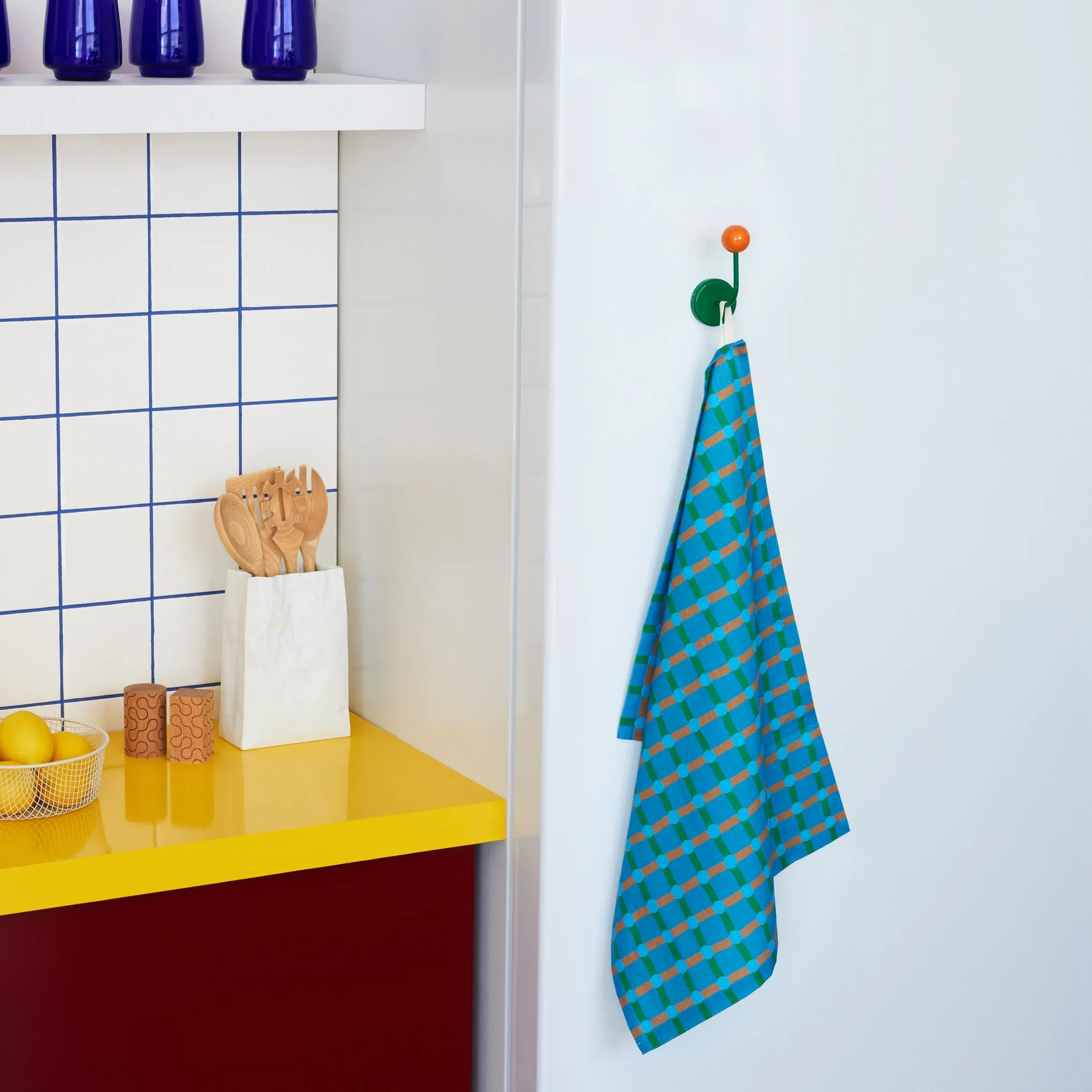 Dot Check Linen & Cotton Tea Towel - Blue/ Green