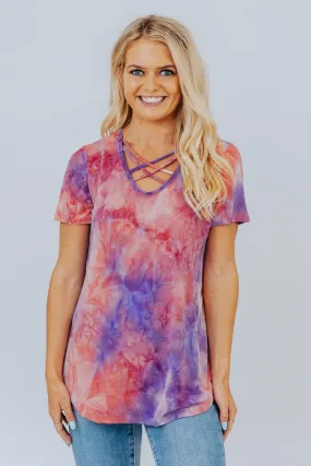 Enjoy Summer Tie Dye Criss Cross Detail Short Sleeve Top in Pink