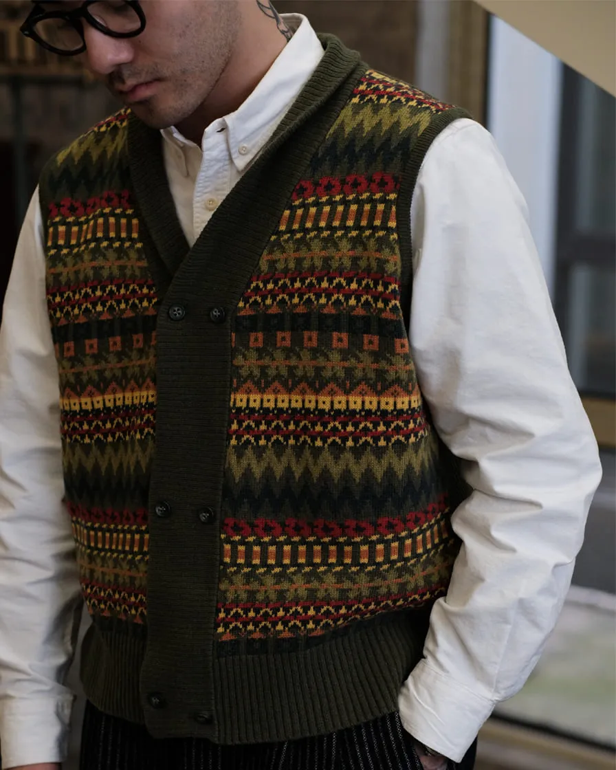 Fair Isle Sleeveless Shawl Collar Cardigan