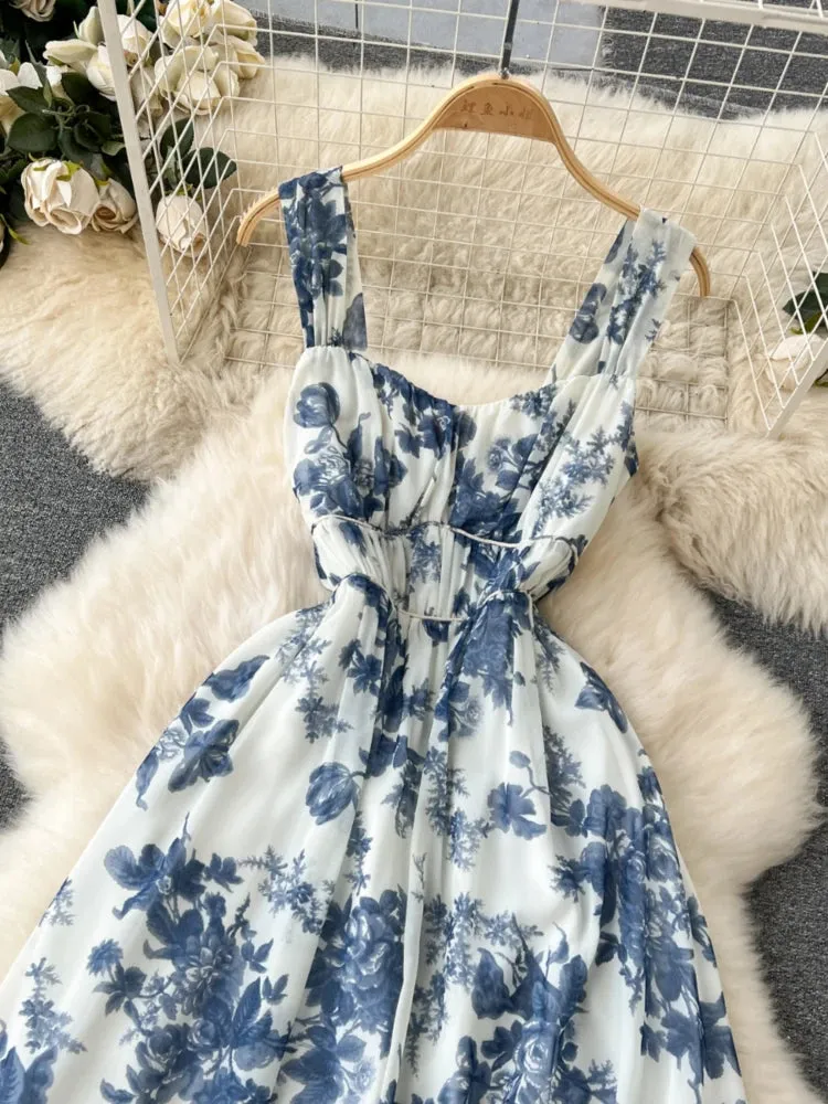 French Blue Printing Beach Long Dress Women Retro Floral Elegant Party Dresses Ladies Slim A-line Sleeveless Chiffon Long Robe