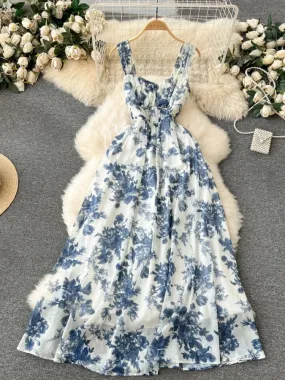 French Blue Printing Beach Long Dress Women Retro Floral Elegant Party Dresses Ladies Slim A-line Sleeveless Chiffon Long Robe