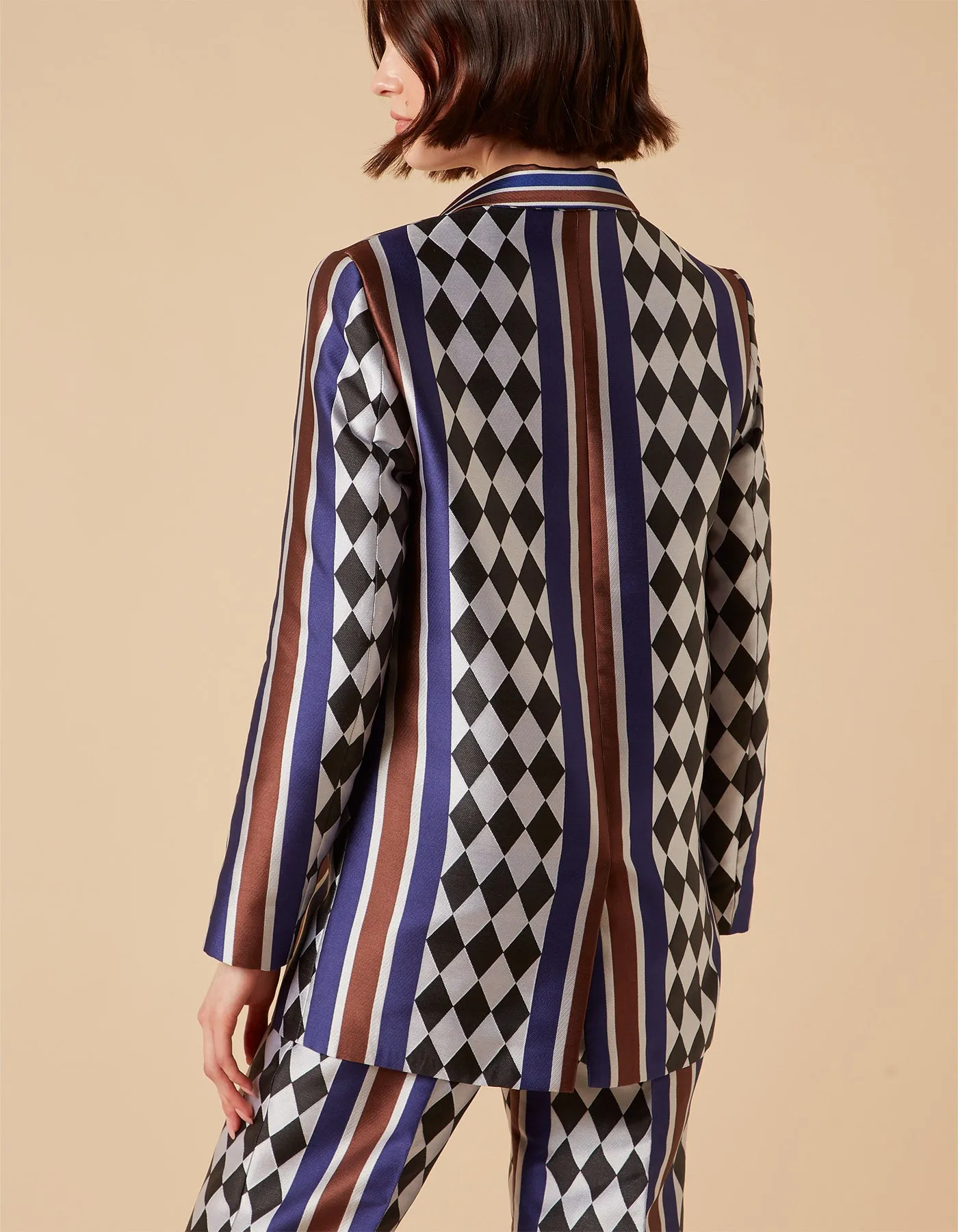 Freya Blue Checkmate Print Silk Jacquard Jacket