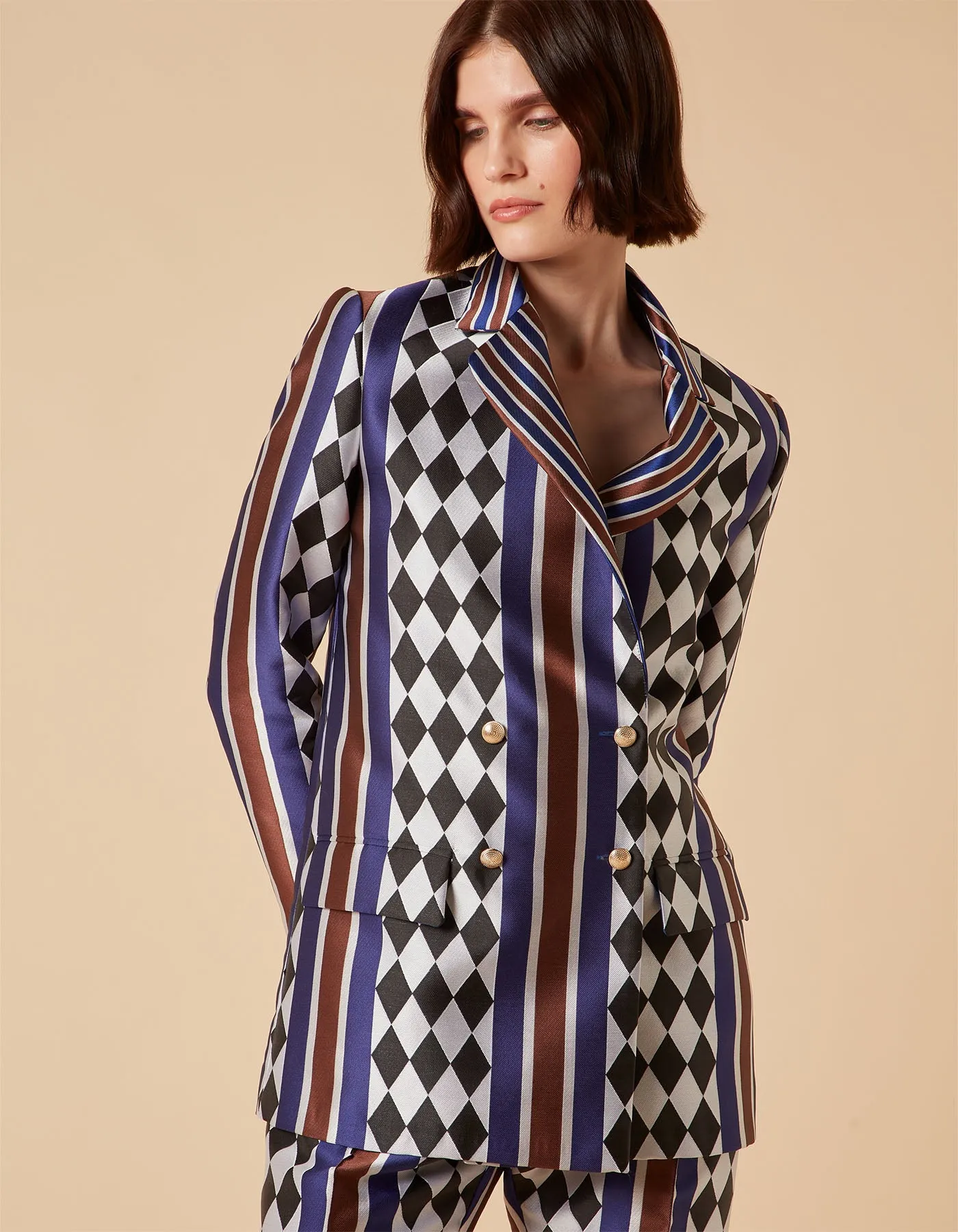 Freya Blue Checkmate Print Silk Jacquard Jacket