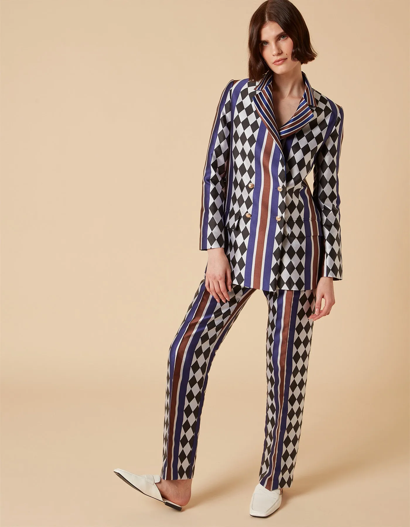 Freya Blue Checkmate Print Silk Jacquard Jacket