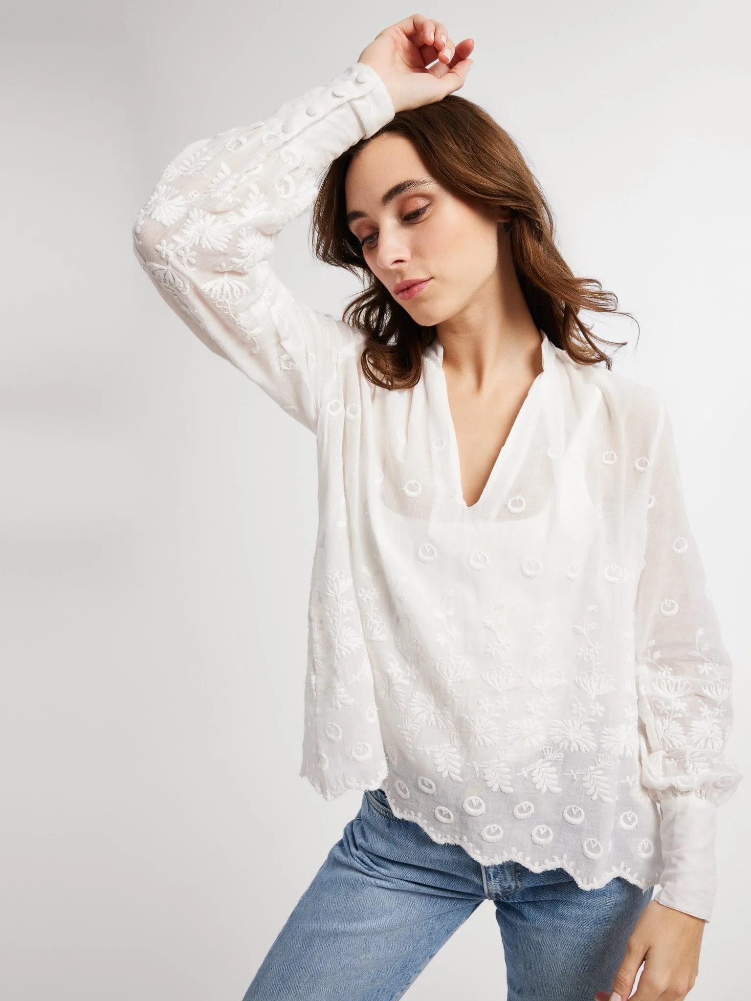 Freya Top in White Petal Embroidery