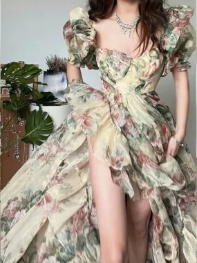 Getadme Floral Print Evening Party Dress Women 2024 Spring OutfitsPuff Sleeve Elegant Princess Long Dres Ladies France Vintage Open Fork Dress Summer