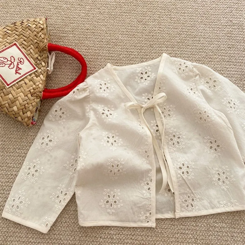 Ivory Lace-Up Embroidered Cardigan with Long Sleeves