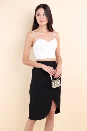 KINSLEY ASYMMETRICAL MIDI SKIRT IN BLACK