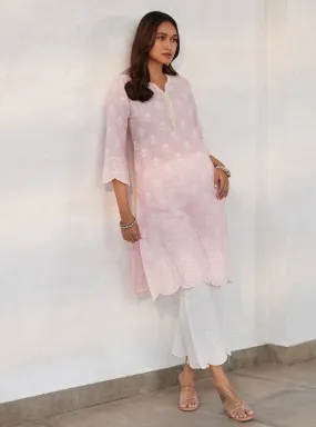 Mulmul Cotton Arpora Pink Kurta With Mulmul Cotton Arpora White Pant