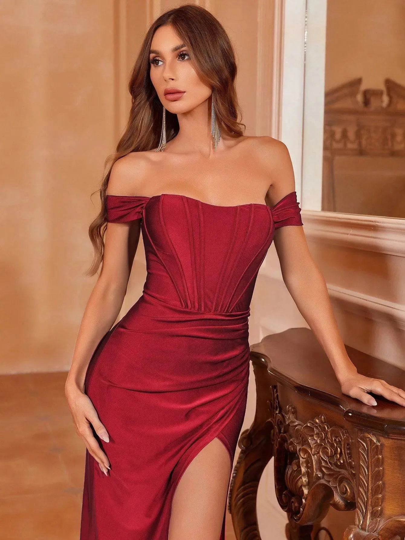 Off Shoulder Ruched Wrap Hem Party Dress