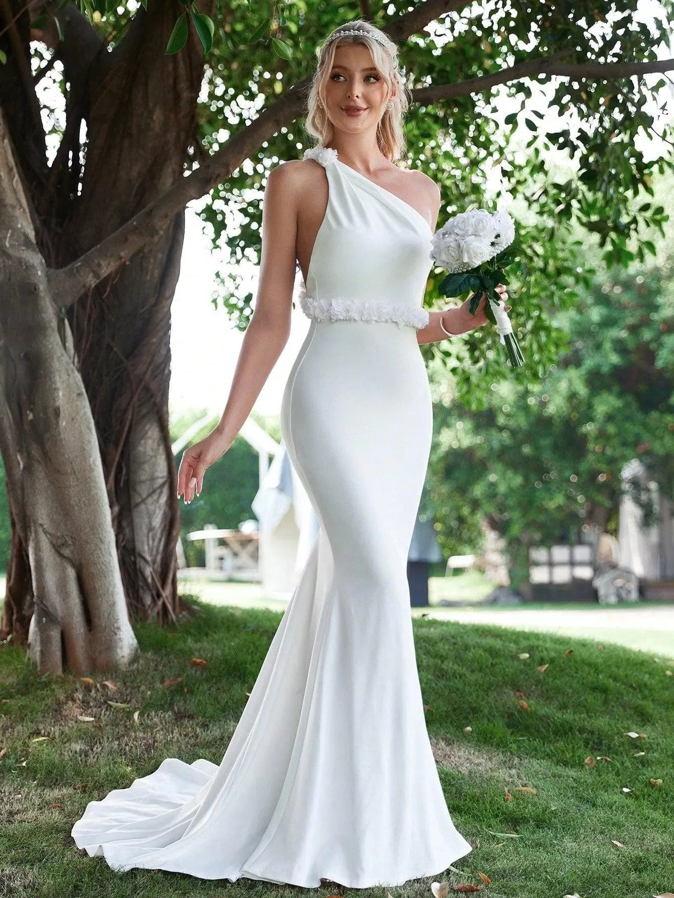 One Shoulder Backless Mermaid Hem Wedding Dress