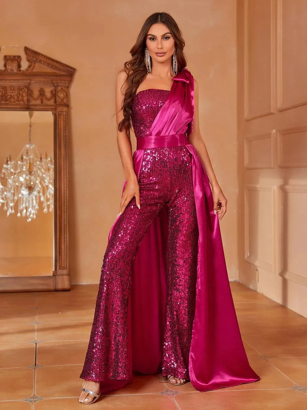 One Shoulder Sleeveless Satin Overlay Sequin Jumpsuit