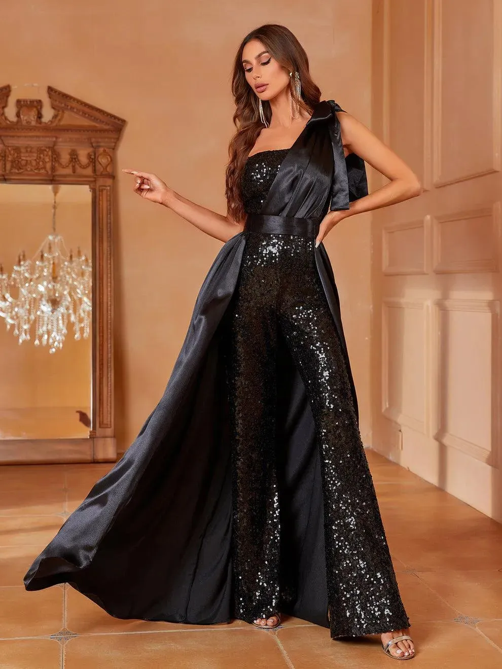 One Shoulder Sleeveless Satin Overlay Sequin Jumpsuit