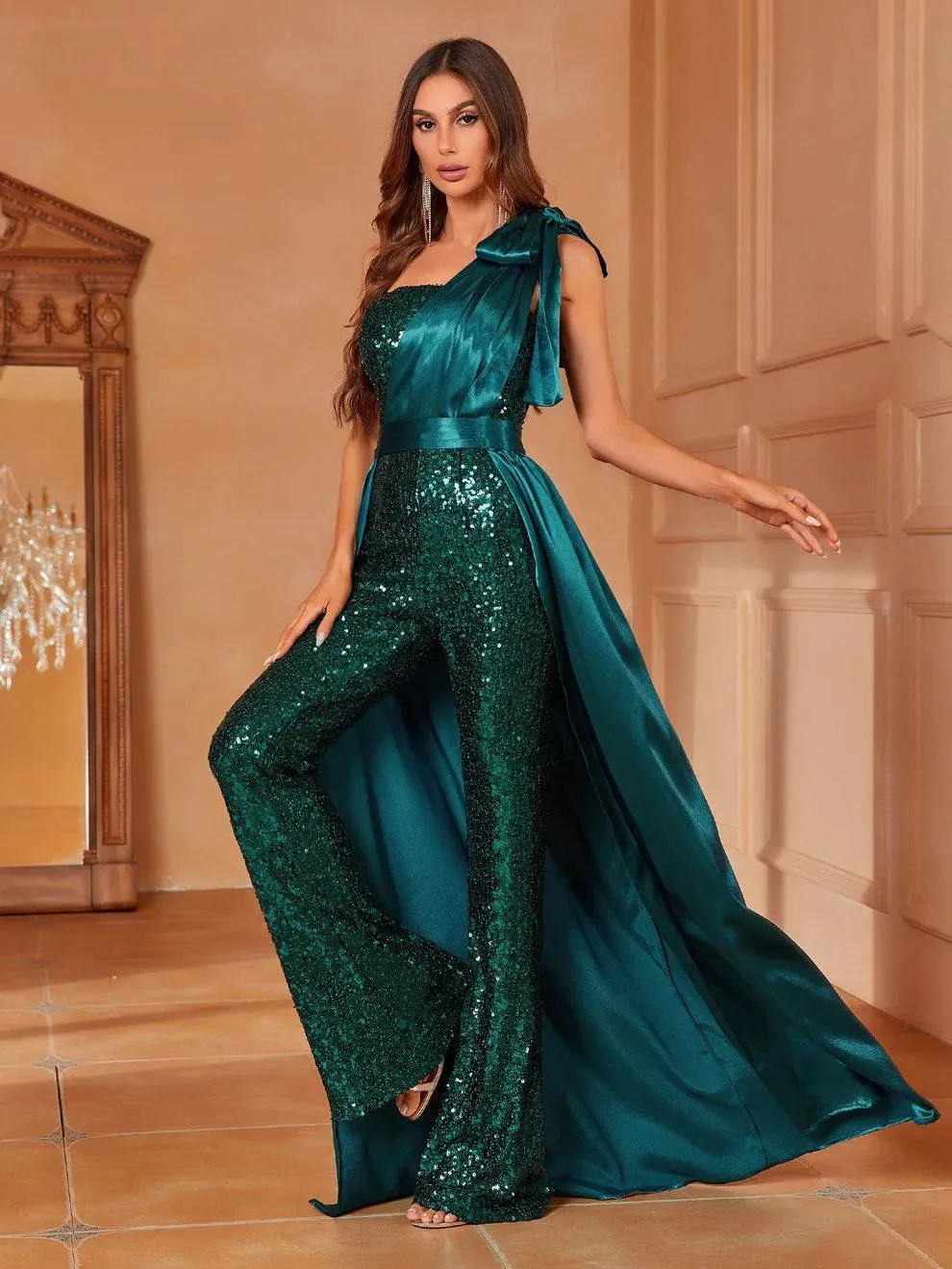 One Shoulder Sleeveless Satin Overlay Sequin Jumpsuit