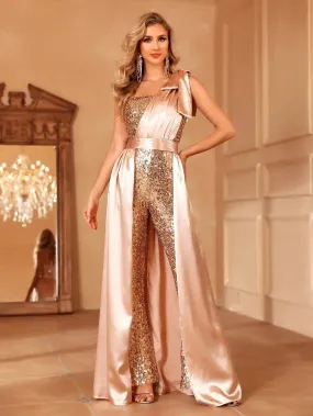 One Shoulder Sleeveless Satin Overlay Sequin Jumpsuit