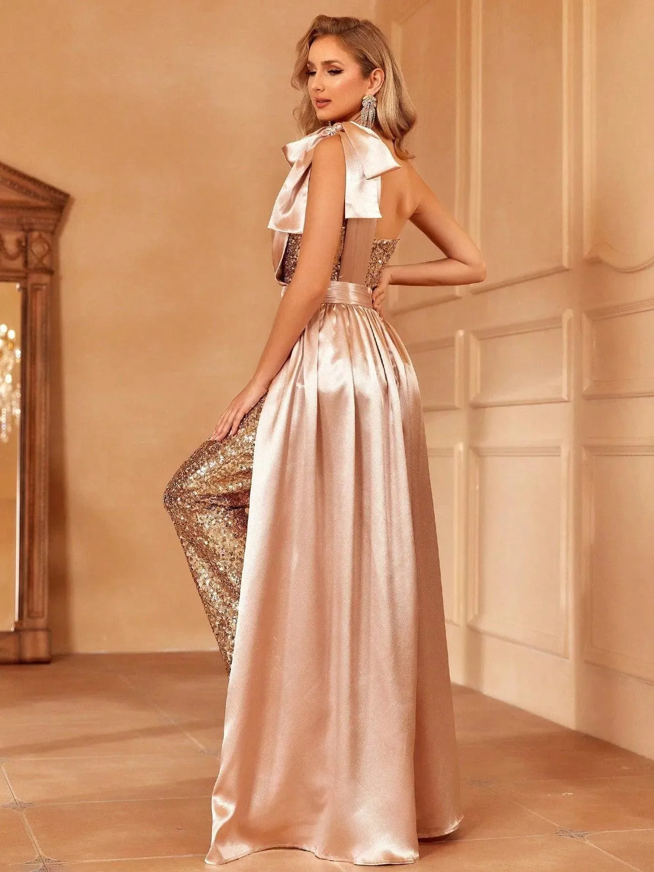 One Shoulder Sleeveless Satin Overlay Sequin Jumpsuit