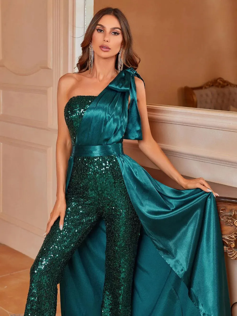 One Shoulder Sleeveless Satin Overlay Sequin Jumpsuit