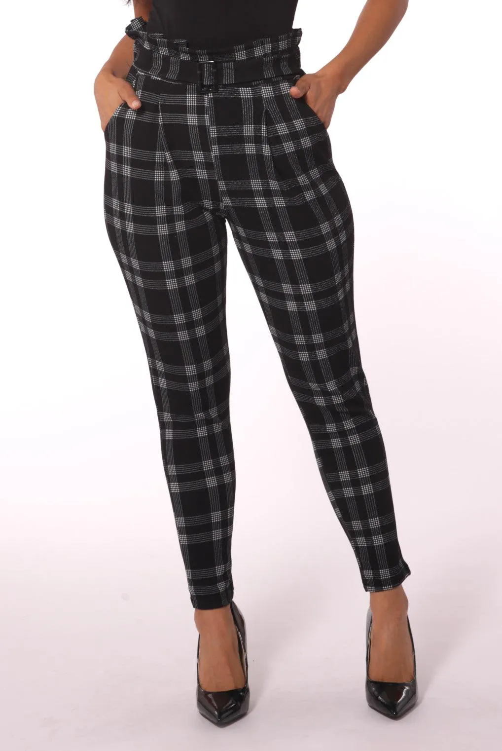 Paperbag Waist Knit Crepe Pleat Pants With Buckle Belt - Black, Gray Plaid