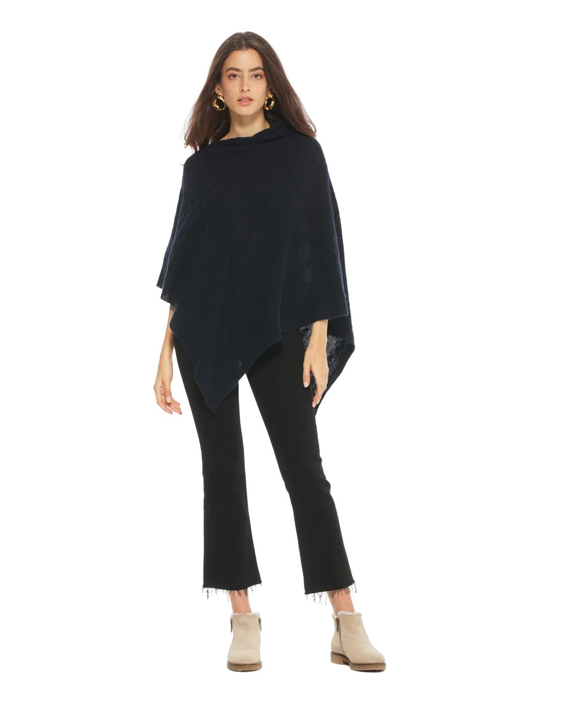 Pure Cashmere Cable Knit Poncho Navy Blue