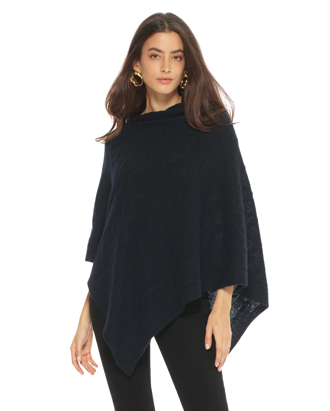 Pure Cashmere Cable Knit Poncho Navy Blue