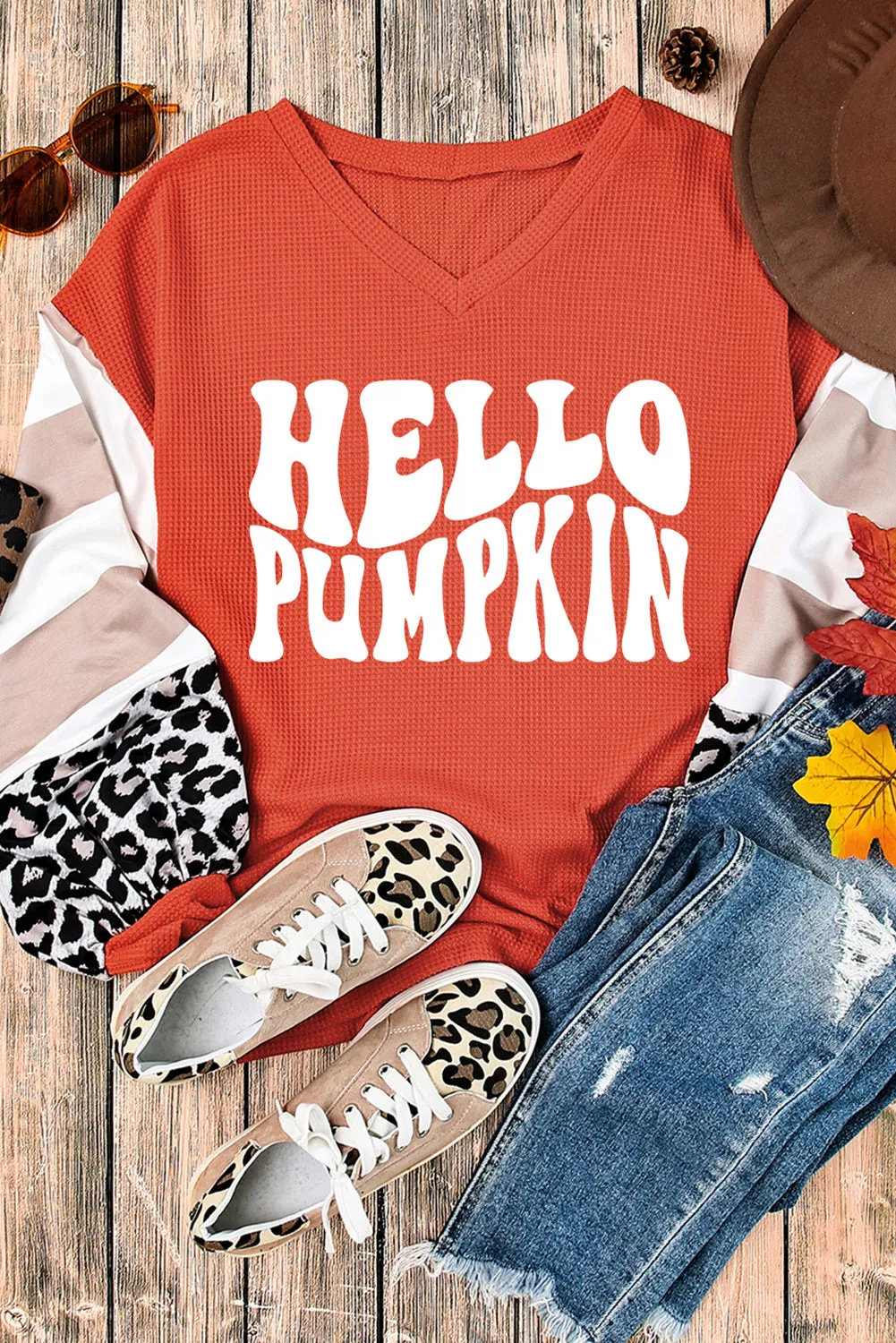 Red Hello Pumpkin Graphic Leopard Striped Colorblock Sleeve V Neck Top